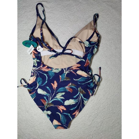 Mynah Navy Blue Floral V-Neck Side-Ties Medium Coverage One-Piece Swimsuit M NWT - Picture 3 of 8